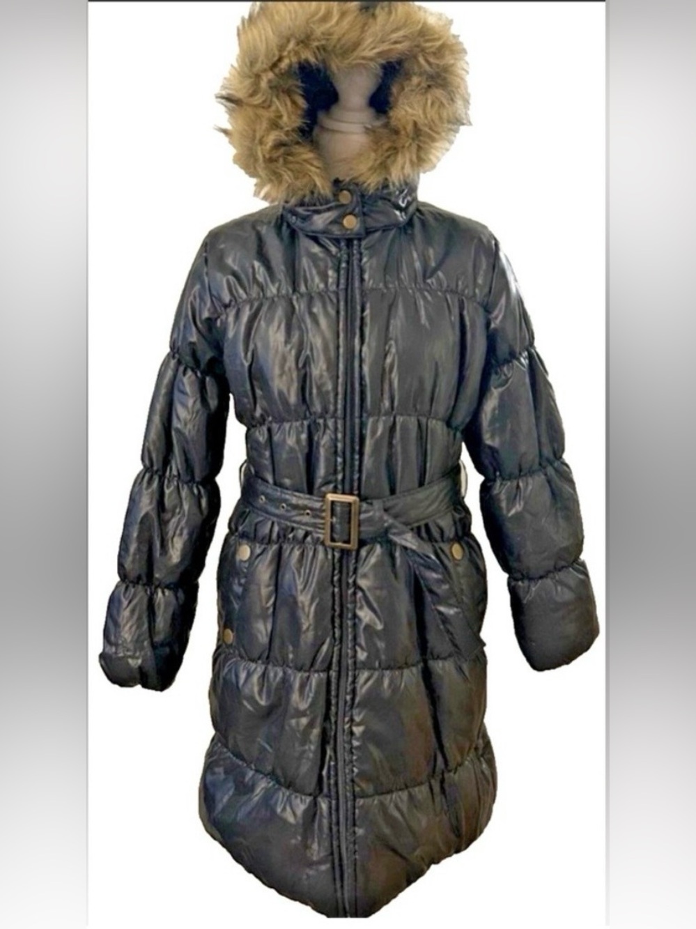 FOGGIA Japanese Black Puffer Coat M Faux Fur Hood Belted Long